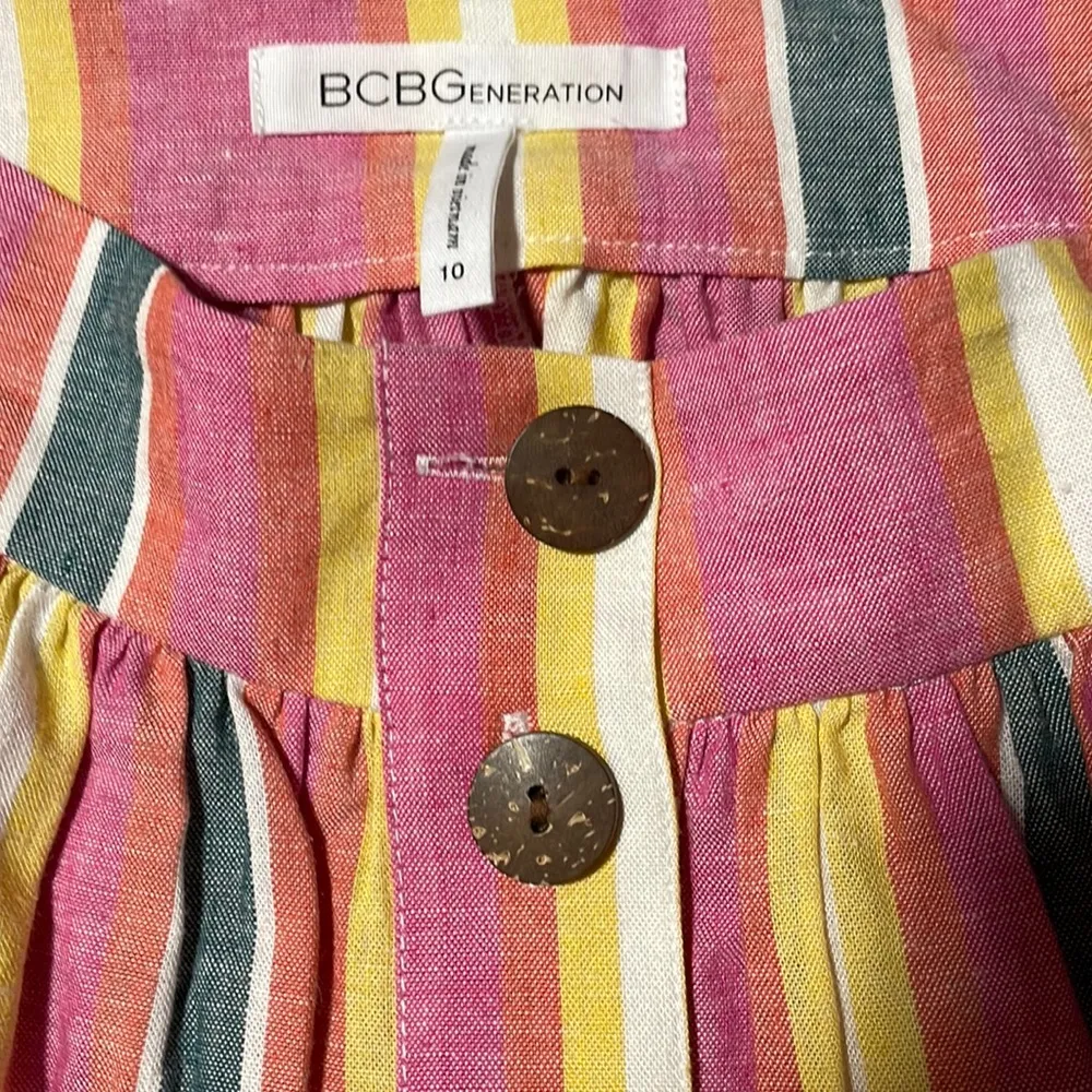 Sunrise stripe A-Line Button-front linen multi colored striped retro midi skirt - Image 5