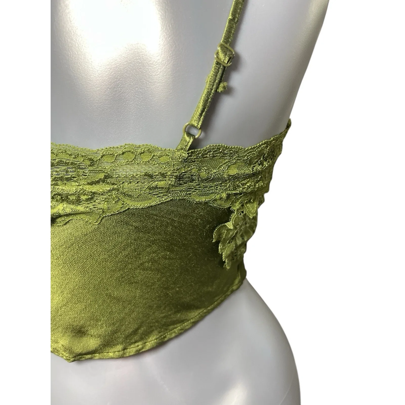 Coquette Silky Cami Crop Top Womens Olive Laced Fairy Y2K Whimsigoth Small Green - Image 8