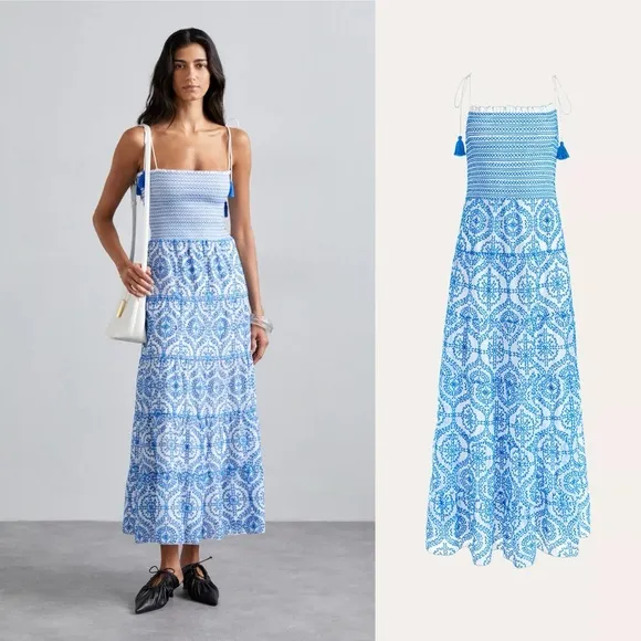 ALICE & OLIVIA Marna Mixed Blue Embroidery Smocked Sundress 12 - Image 2