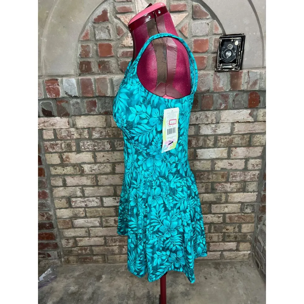 swimsuit swim dress Vintage 1980s one piece V neck blue teal aqua NWT Green Size 16 - Image 7