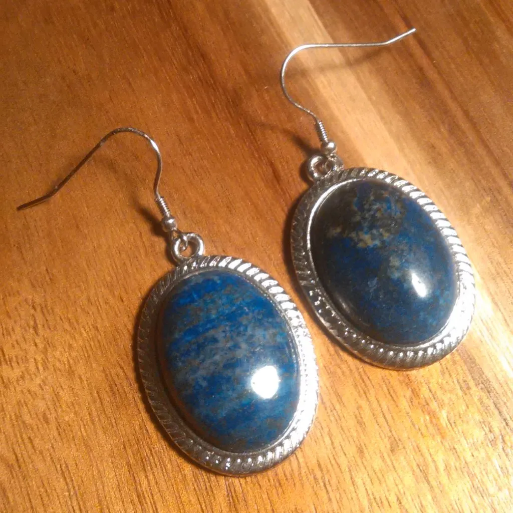 Lapis Lazuli Silvertone Dangle Earrings - Image 4