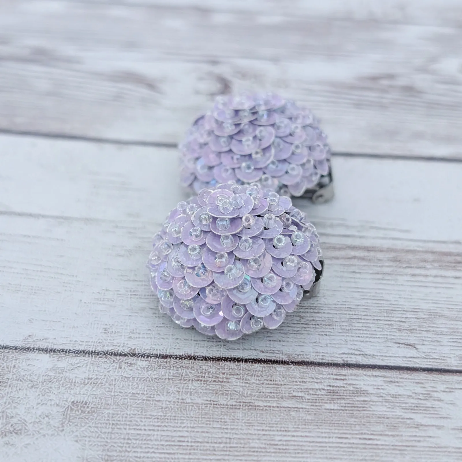 Vintage Clip On Earrings Domed Statement Lilac Sequins Purple - Image 3