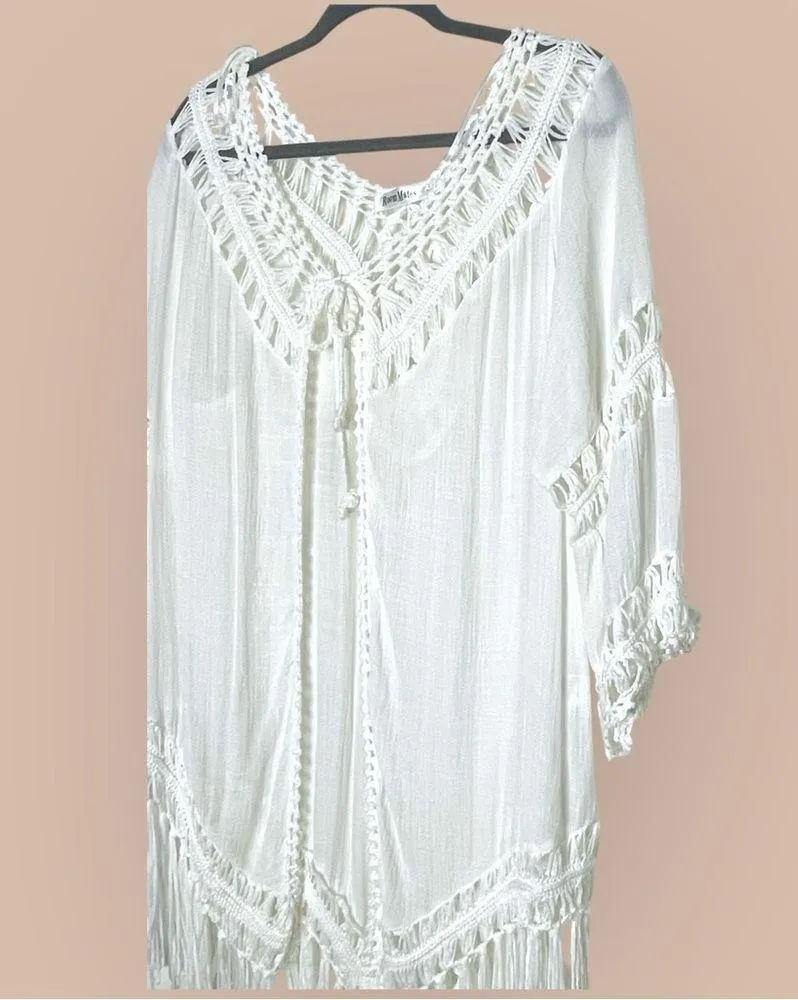 RoomMates Boho White Crocheted Fringe Open Front Cardigan Cover Up Size Large - Image 5