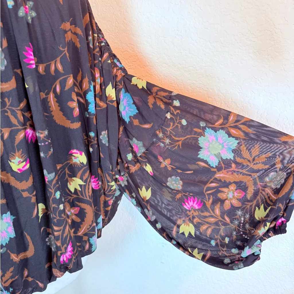 Free People Wildflower top black‎ tiered mesh sleeves bubble hem M - Image 5