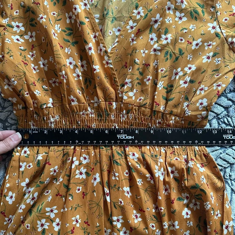 MakeMeChic Women's V Neck Floral Print A Line Midi Dress Mustard Yellow sz Small - Image 8