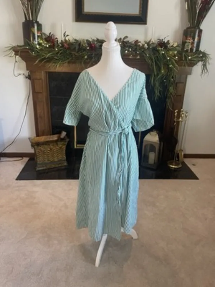 Velvet by Graham & Spencer Jayel Cotton‎ Stripe Wrap Dress Green Wrap Size XS - Image 3