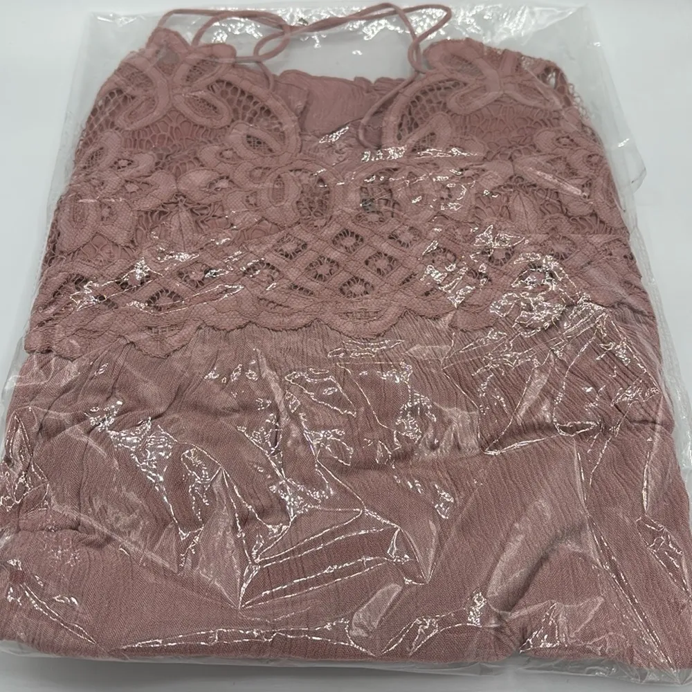 NEW! FREE PEOPLE Adella Slip Dress ROSE Pink Lace Spaghetti Strap Ruffle SMALL - Image 9