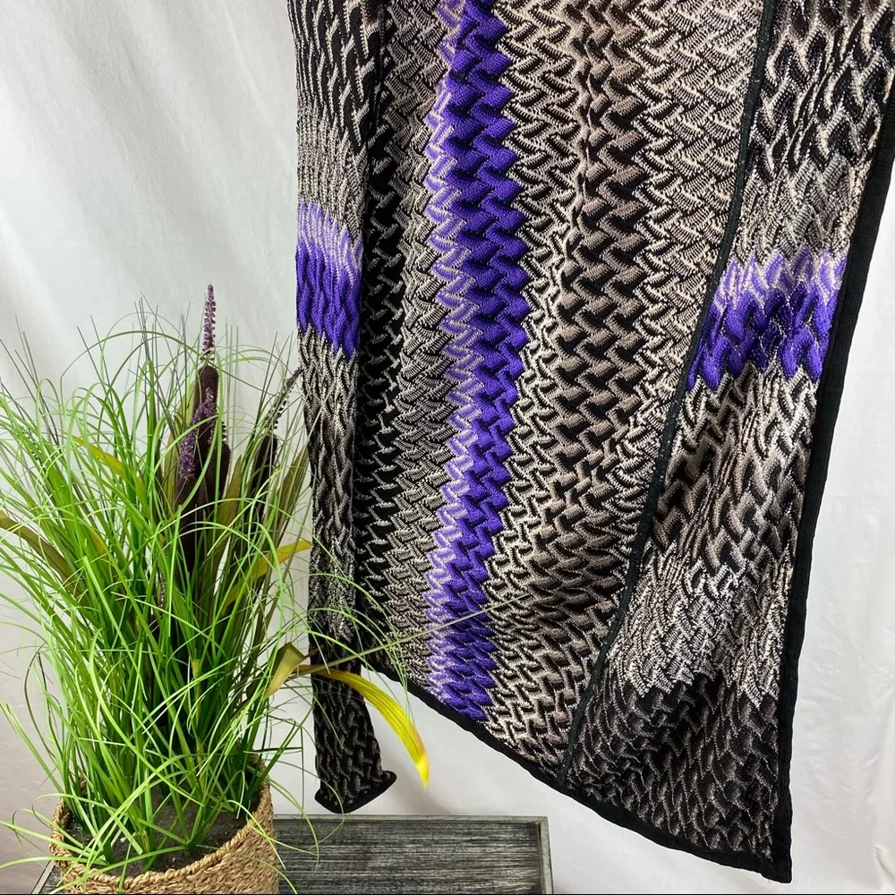 Chico’s Black & Purple Chevron Print Knit Woven Open Sweater 2  L - Image 5