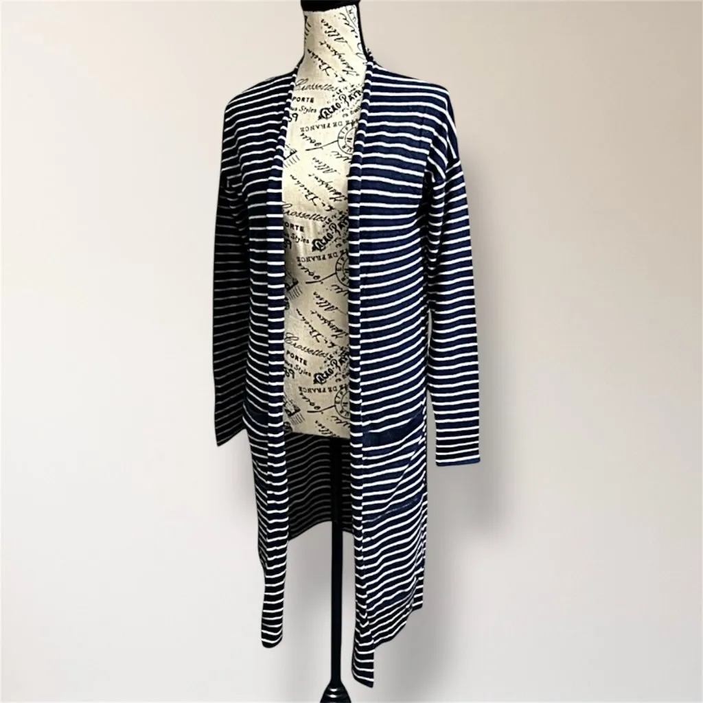 Athleta Retreat S Navy White Striped Silk Cashmere Open Cardigan Coastal Grandma - Image 4