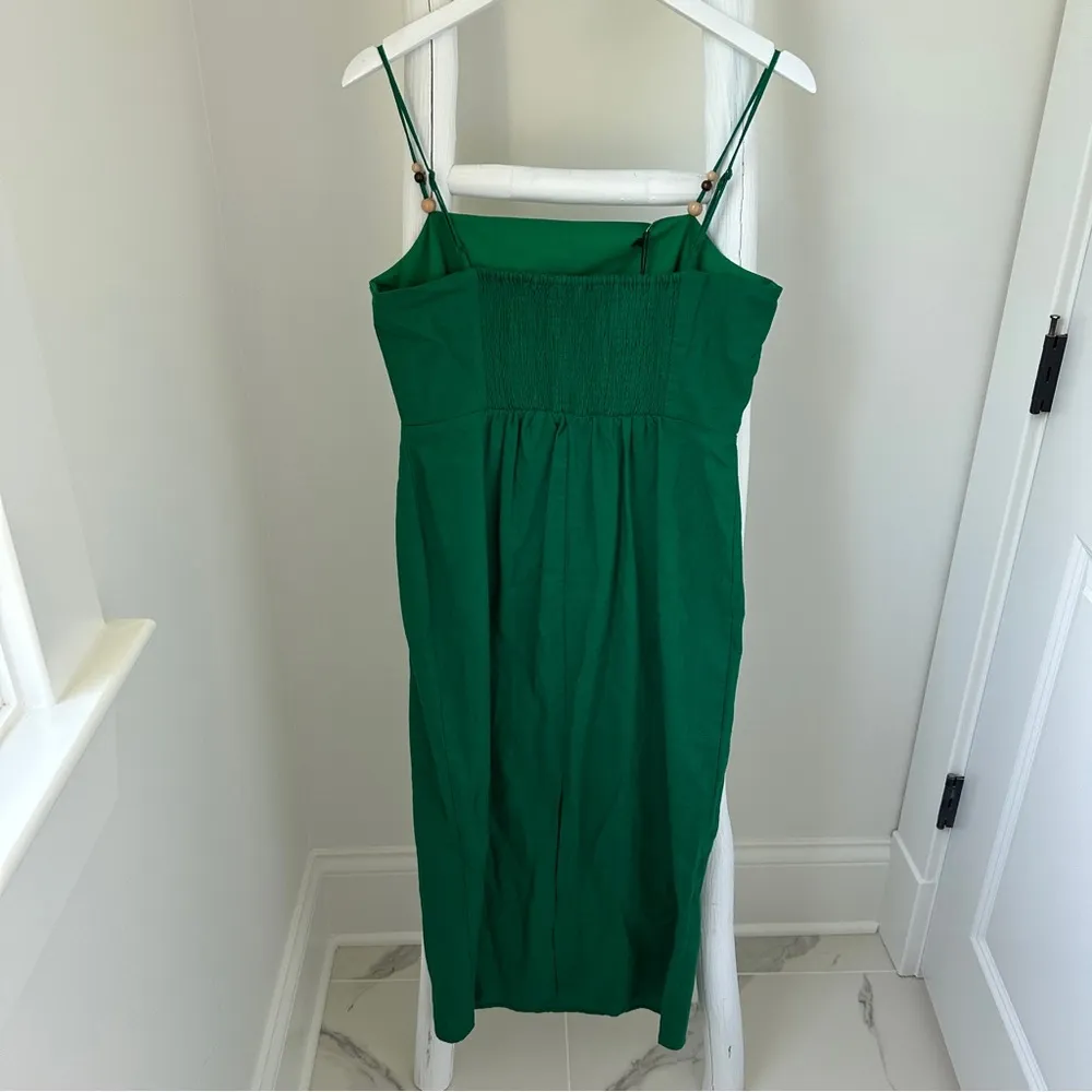 Rachel Zoe Green Linen Blend Square Neck Midi Dress W Wooden Beads Size Medium - Image 3