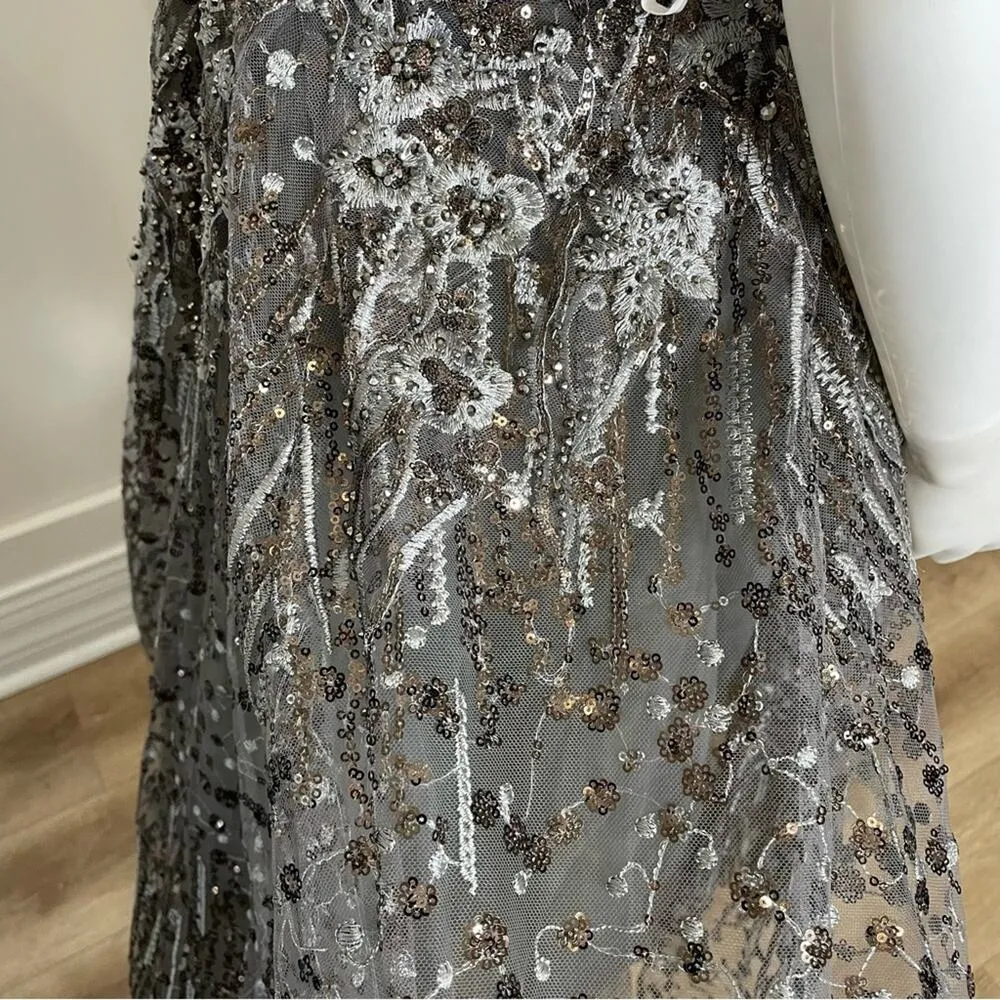 Mac Duggal Embellished Butterfly Fit & Flare Tea-Length Dress Gunmetal Sz 8 - Image 13