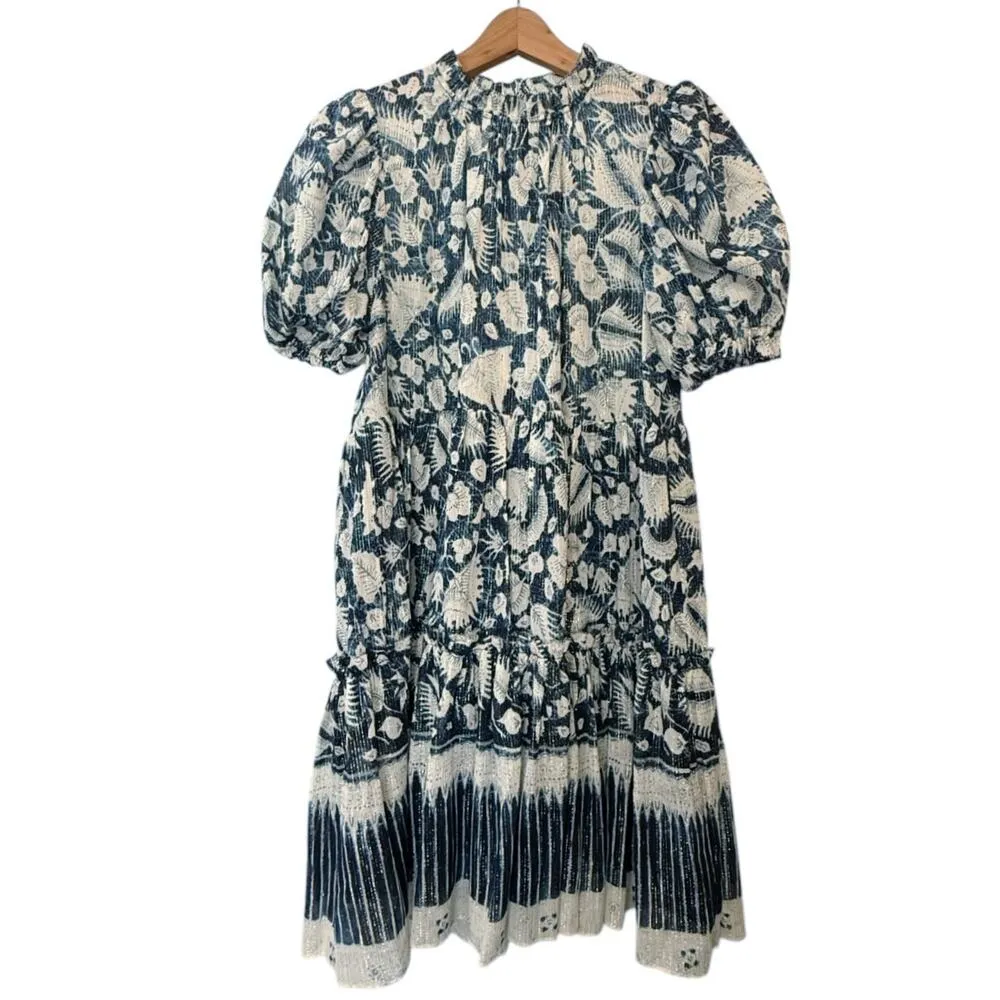 ULLA JOHNSON Dahlia Dress Blue Batik Short Puff Sleeves Crew Neck Silk Lurex 2 - Image 6