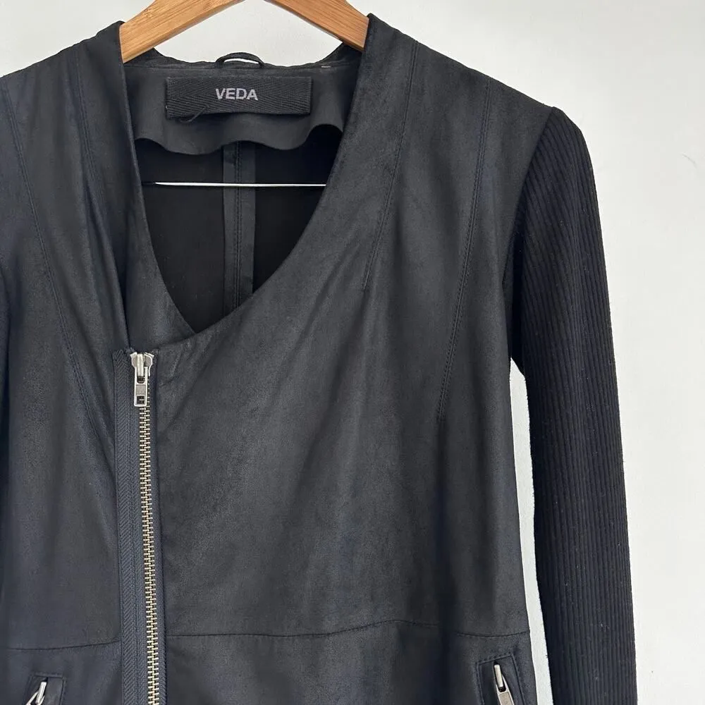 Veda Leather Jacket Womens XS Black Moto Biker Asymetric Zip Knit Sleeve Edgy - Image 2