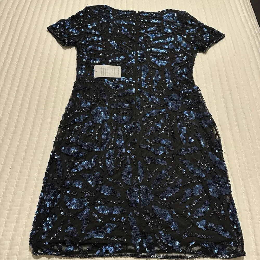 Adriana Papell Black Blue Sequin & Bead Cocktail Sheath Dress Size 8 Beaded - Image 15