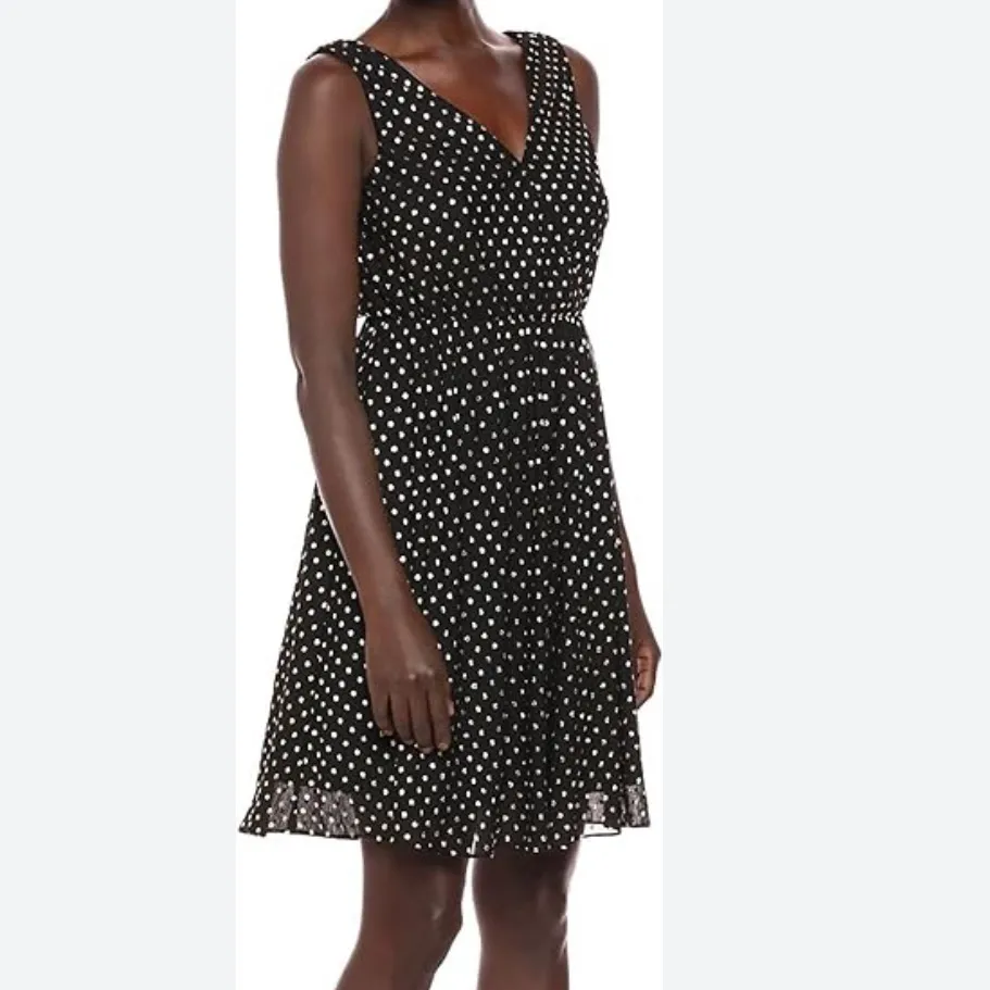 Nine West Double V-Neck Surplice Polka Dot Dress Fit Flare Black / Gold Size 16 - Image 2