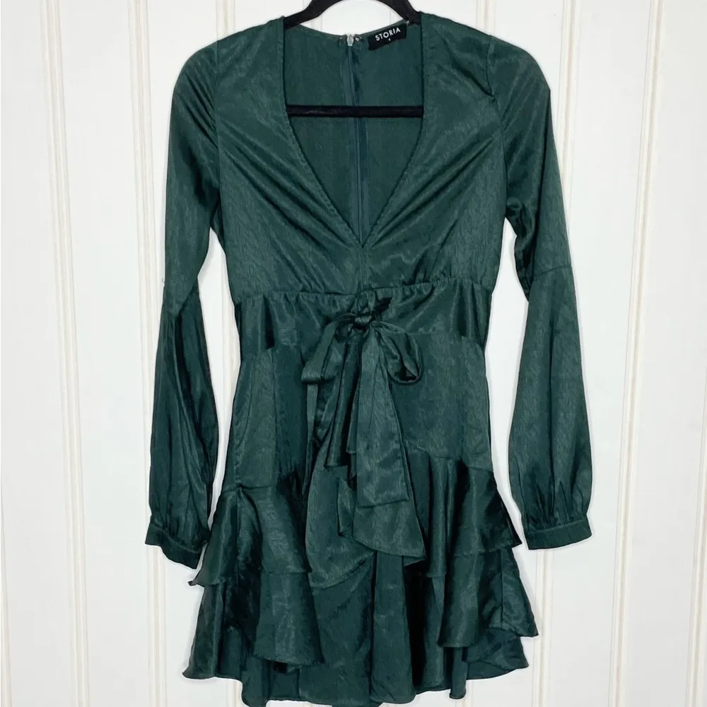 STORIA dark emerald ruffle tiered plunge mini dress 857 - Image 9
