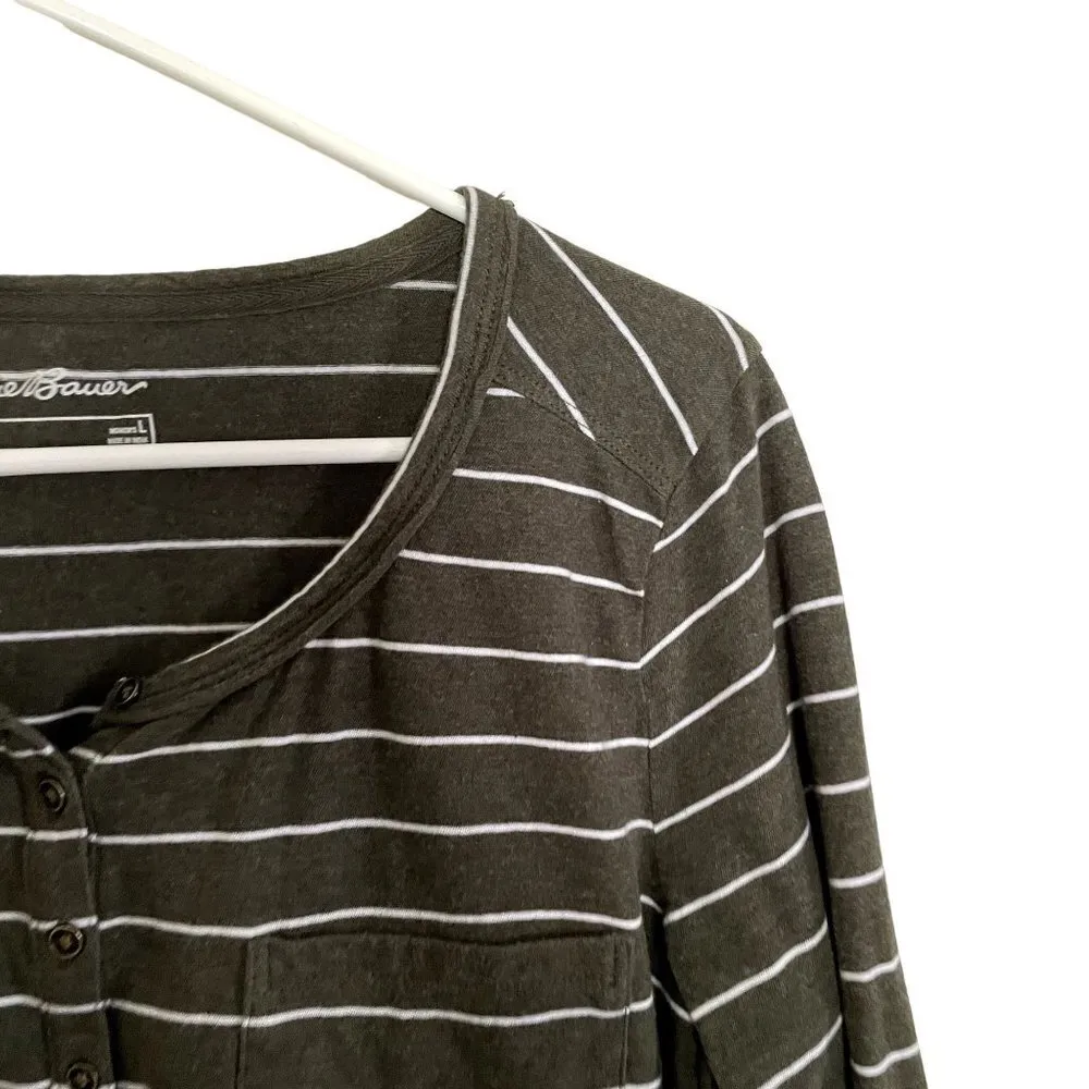 Eddie Bauer green white striped crewneck long sleeved shirt cotton comfortable - Image 2