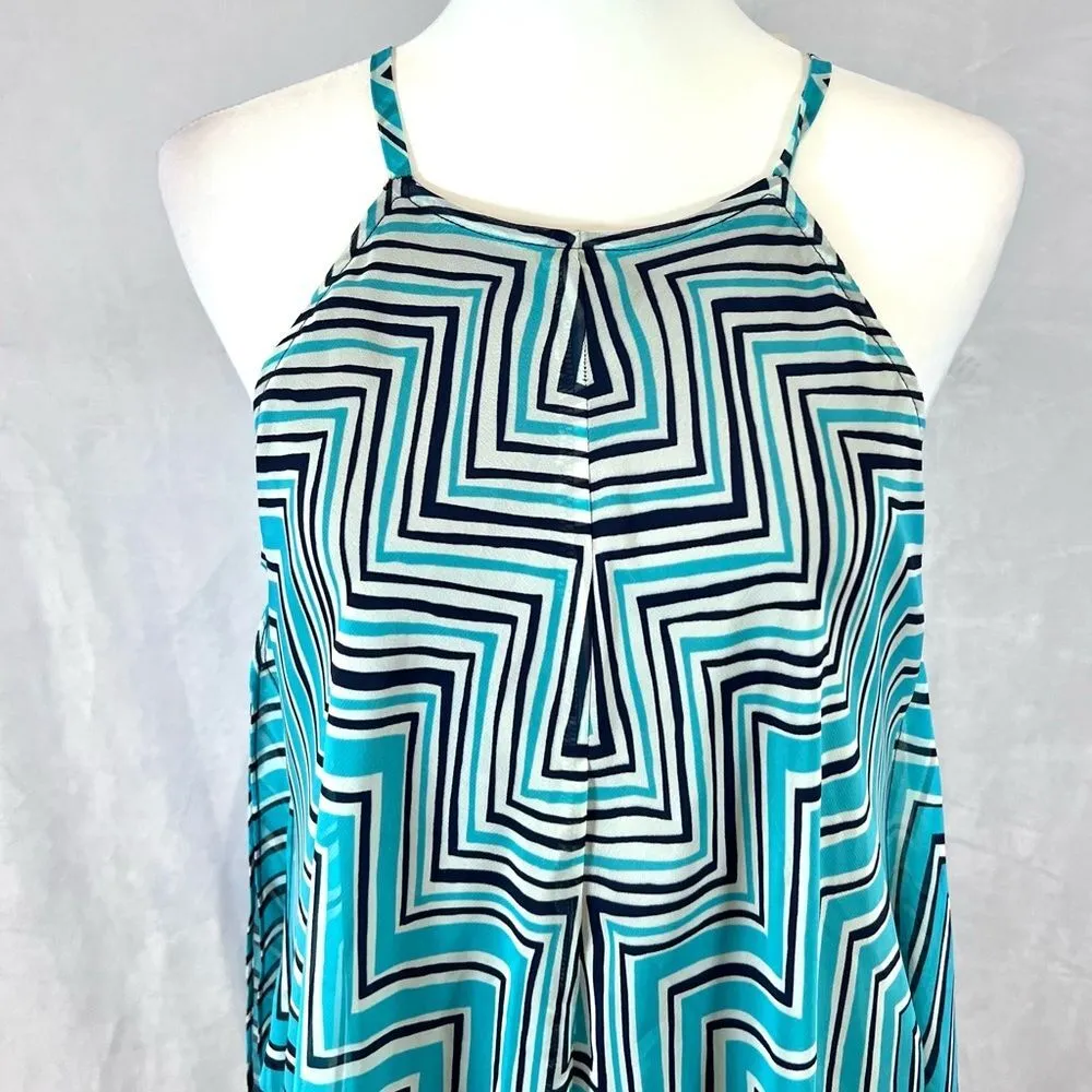 Aqua blue navy and white asymmetrical hem halter midi dress size 10 NWT - Image 3