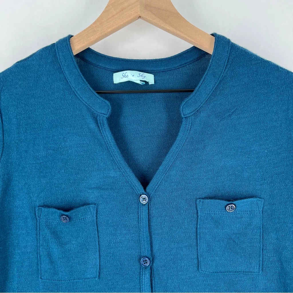 She‎ + Sky Soft Knit Button Front A-Line Dress Roll Tab Long Sleeve Split Neck - Image 2