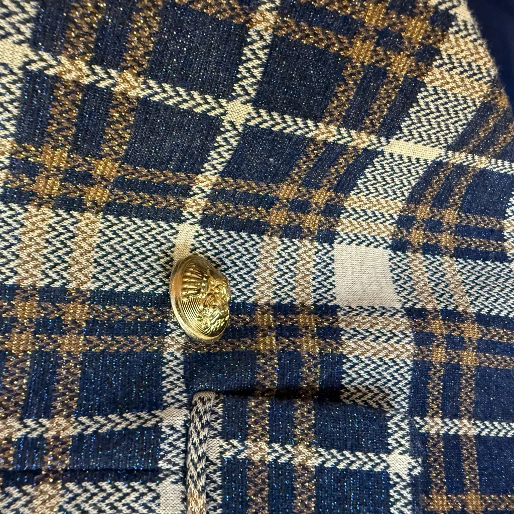 Alexia Admor Women Size 10 Blue Metallic Tartan‎ Plaid Double Breasted Jacket - Image 3