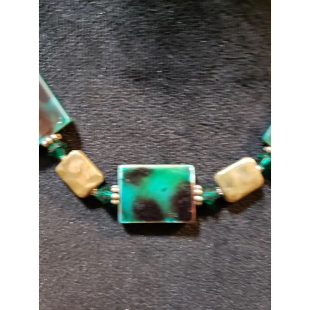 Womens Sea Blue Square Turquoise White Murano Link Stone Necklace with Lobster - Image 3