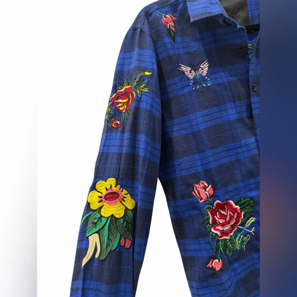 Damati Embroidered Plaid Flannel Shirt Jacket Floral Snake Butterfly Size Small Blue - Image 3