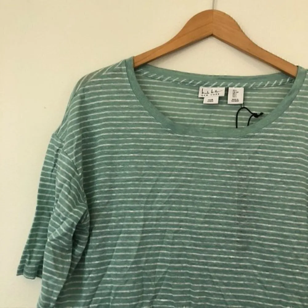 NEW NWT NICOLE MILLER Aqua Green White Stripe 100% Linen Boxy Short Sleeve Top S - Image 3