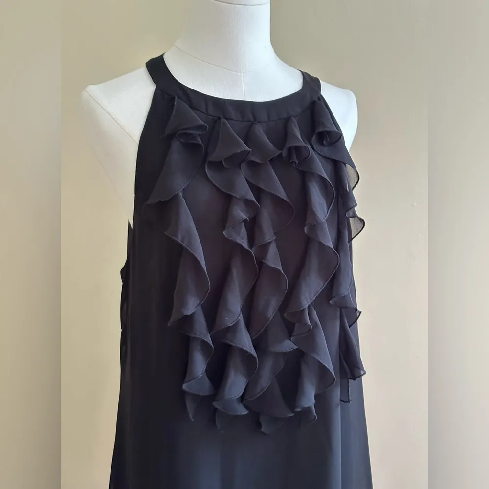 KENAR Black Sheer Ruffle’s In Front Sleeveless Cut Out Back 2  Buttons Sz 14 - Image 2