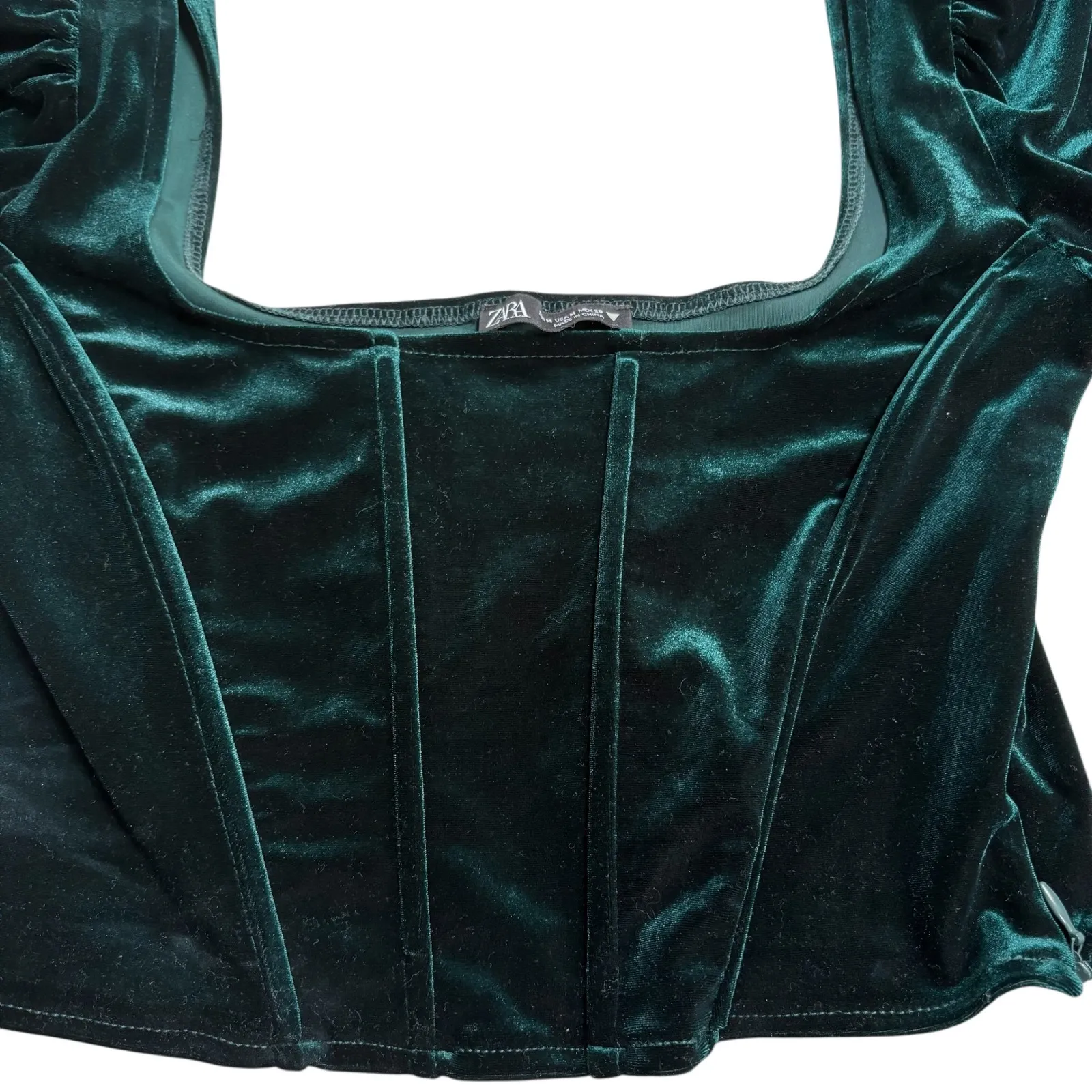 Zara Velvet Corset Top Green Square Neck Long Puff Sleeve Cropped Women M - Image 8