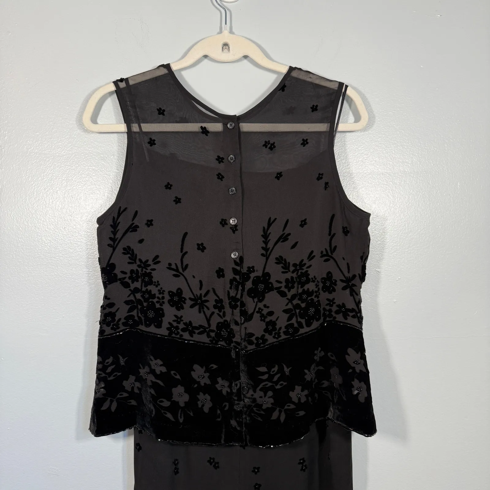 Vintage Black Silk Velvet Burnout Two Piece Set Sheer Sequin Y2K 90s Size 6 - Image 4