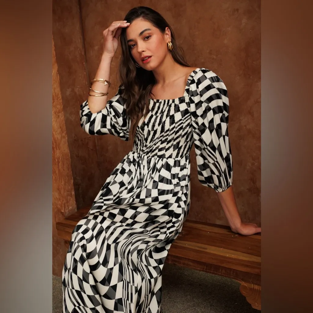 Oddy Dress‎ Geometric Pattern Black White Gray Women Shirred Smocked Bodice Midi Size M - Image 2