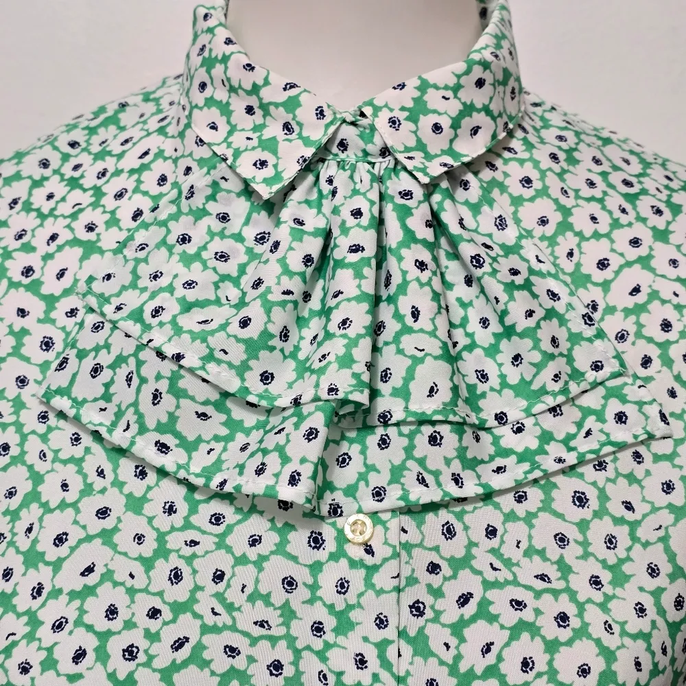 Vintage Personal 80s Green & White Floral Ascot Button Down Size 12 - Image 3