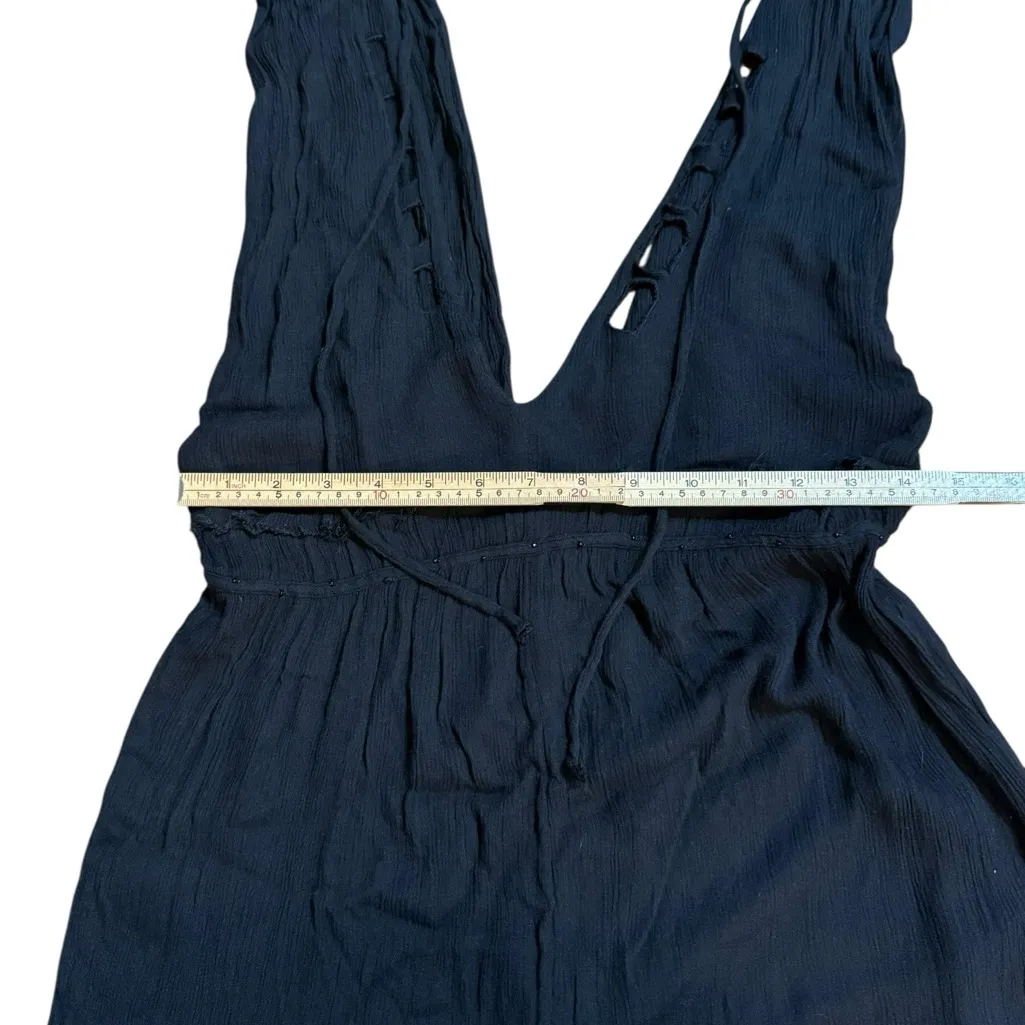 Free People Black Wide Leg Jumpsuit Deep V Neck Boho Flowy Silhouette Sz S - Image 9