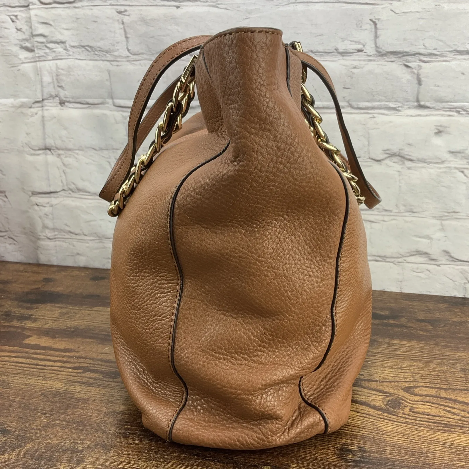 Michael Kors Harper North South Tote in Luggage Brown Gold Chain - Image 5