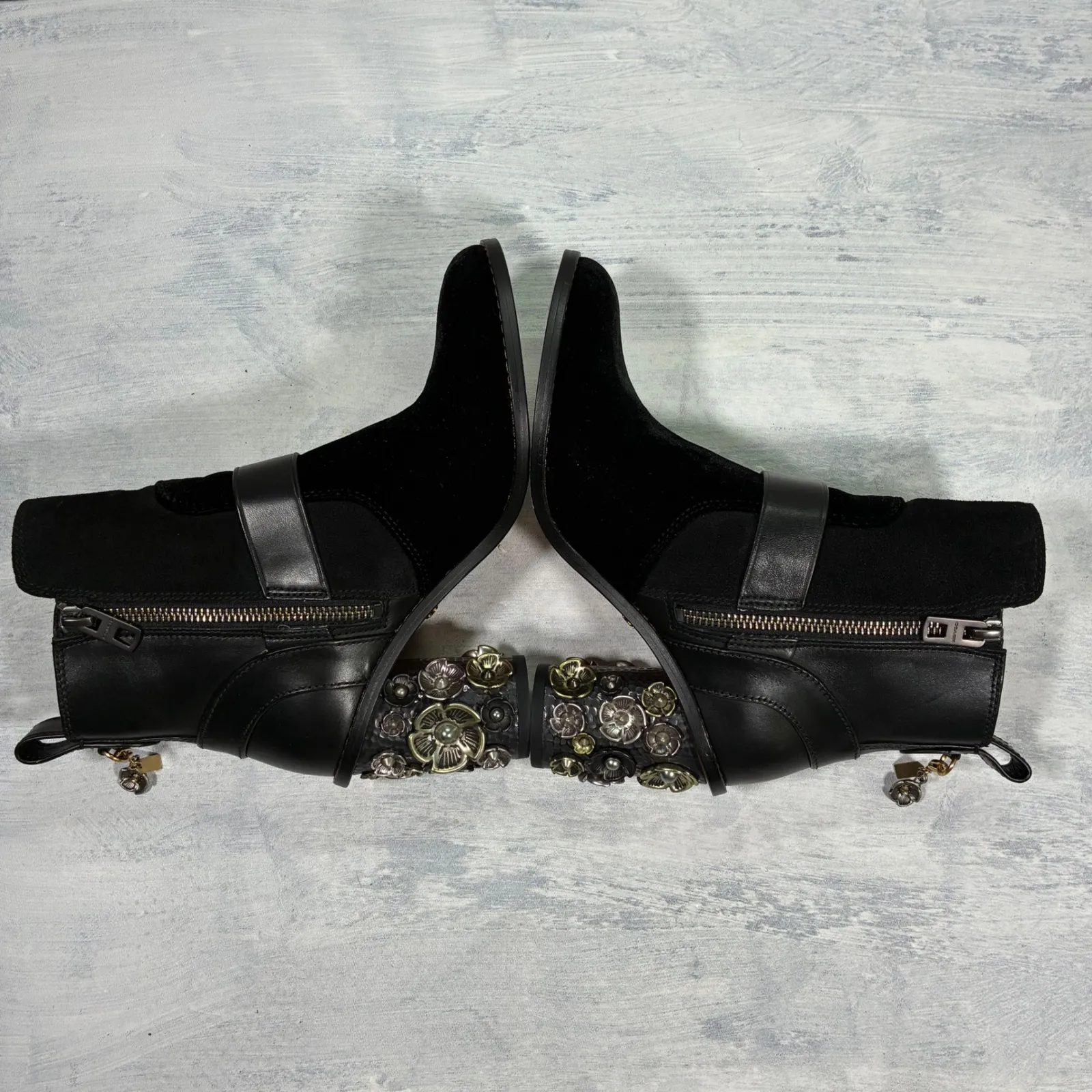 EUC Coach Moto Bootie Tea Rose Block Heel Black Leather Suede Women's 5 - Image 13