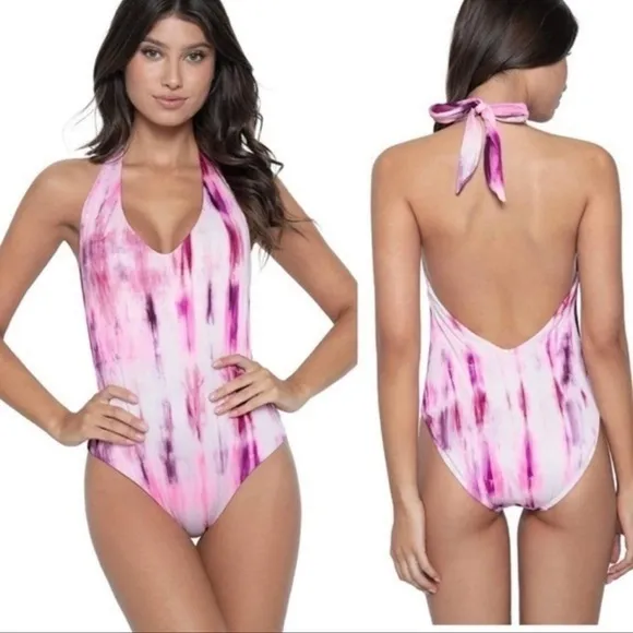 PQ Swim Spell Avery Tie Dye Pink Purple Halter One Piece Swimsuit Bikini Large - Image 2