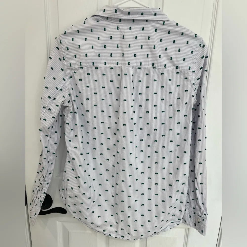 GAP Fitted Boyfriend Shirt Blue White Stripe Green Navy Tuft Accents Size S - Image 2