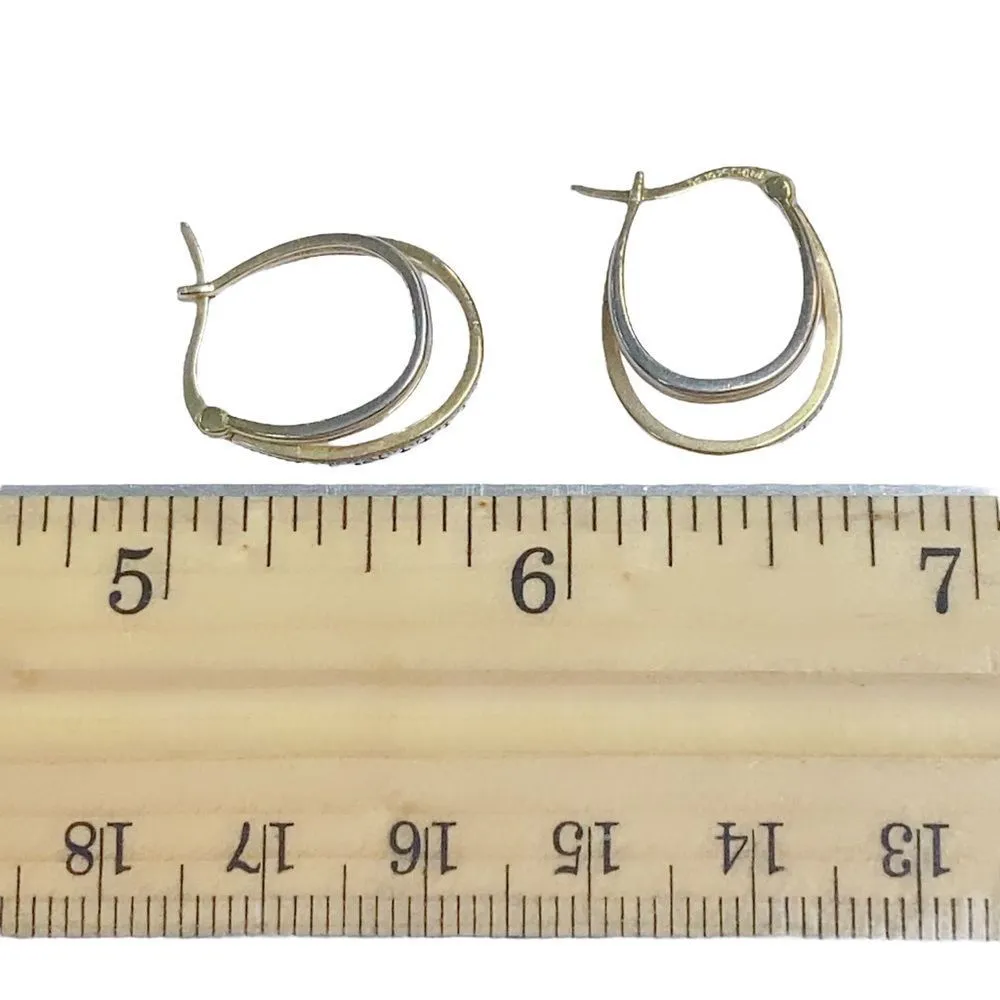 925 Sterling Silver Gold Overlay Two Tone Double Hoop Diamond Earrings - Image 4