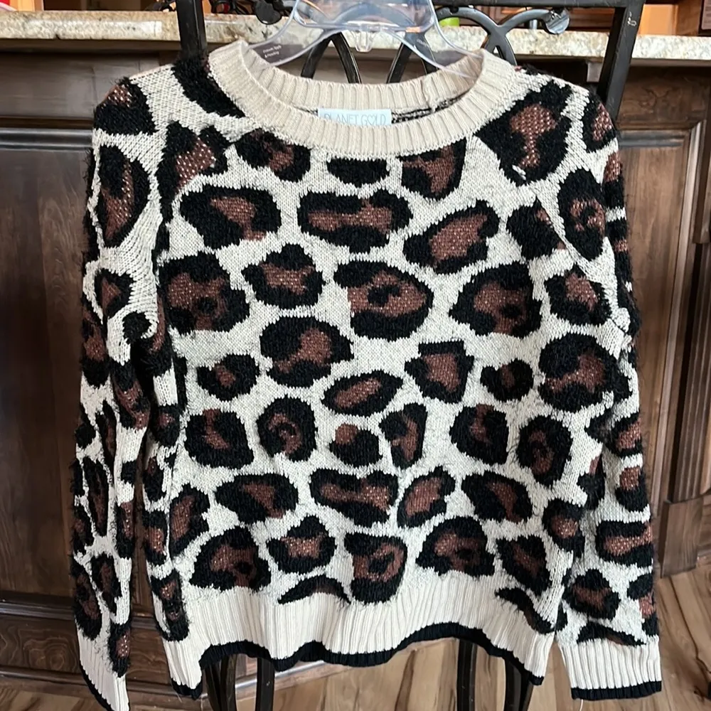 Sweater Planet Gold Leopard Print Brown Crewneck Womens Small - Image 11