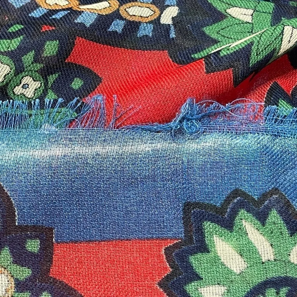 Women's Italian Scarf Kaleidoscope Floral Large Blue Red Green Fringe 52 X 54 - Image 6