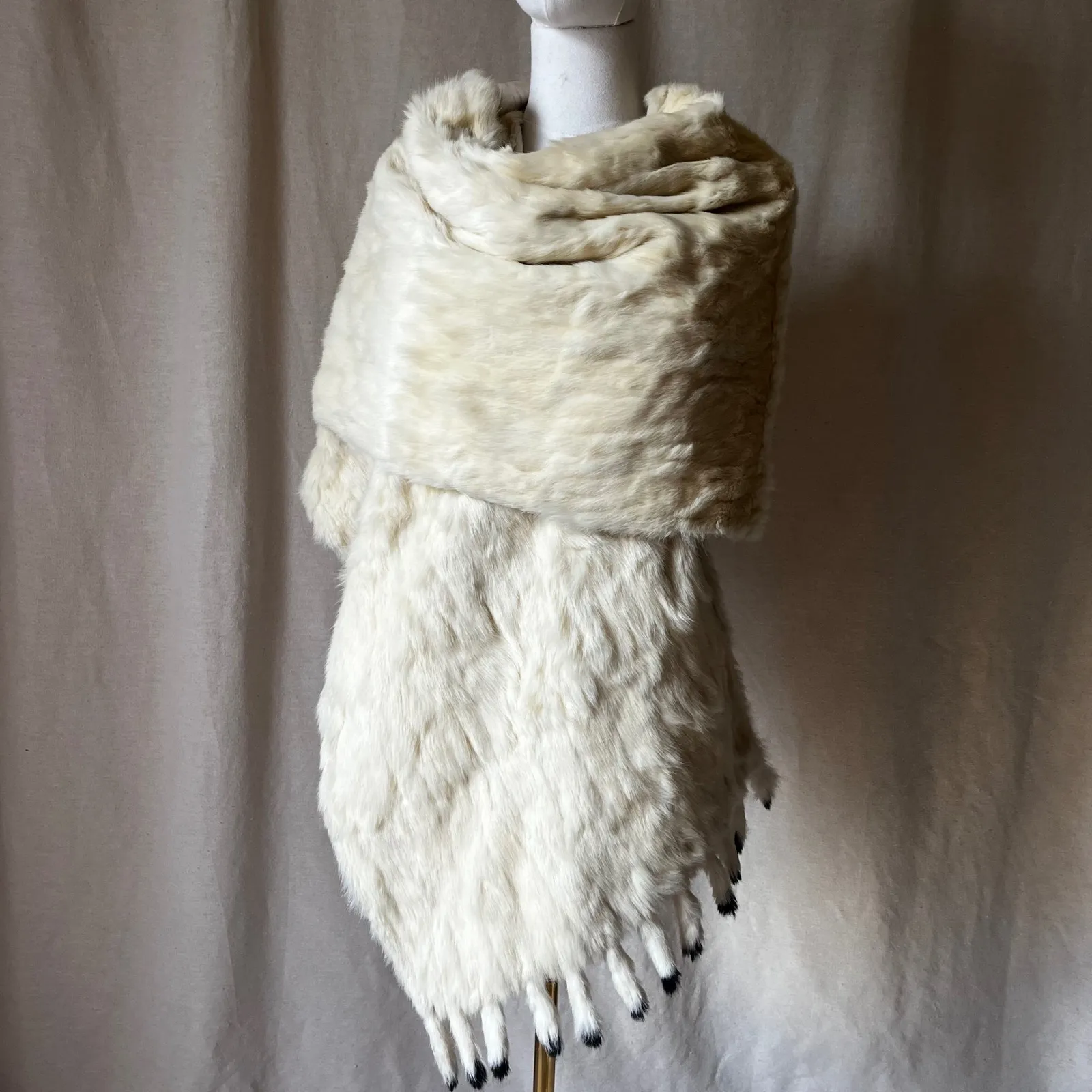 Vintage Buttercream Rabbit Fur Bridal Wrap w/ Black Tipped Tails‎ 43" Long Size undefined - Image 2