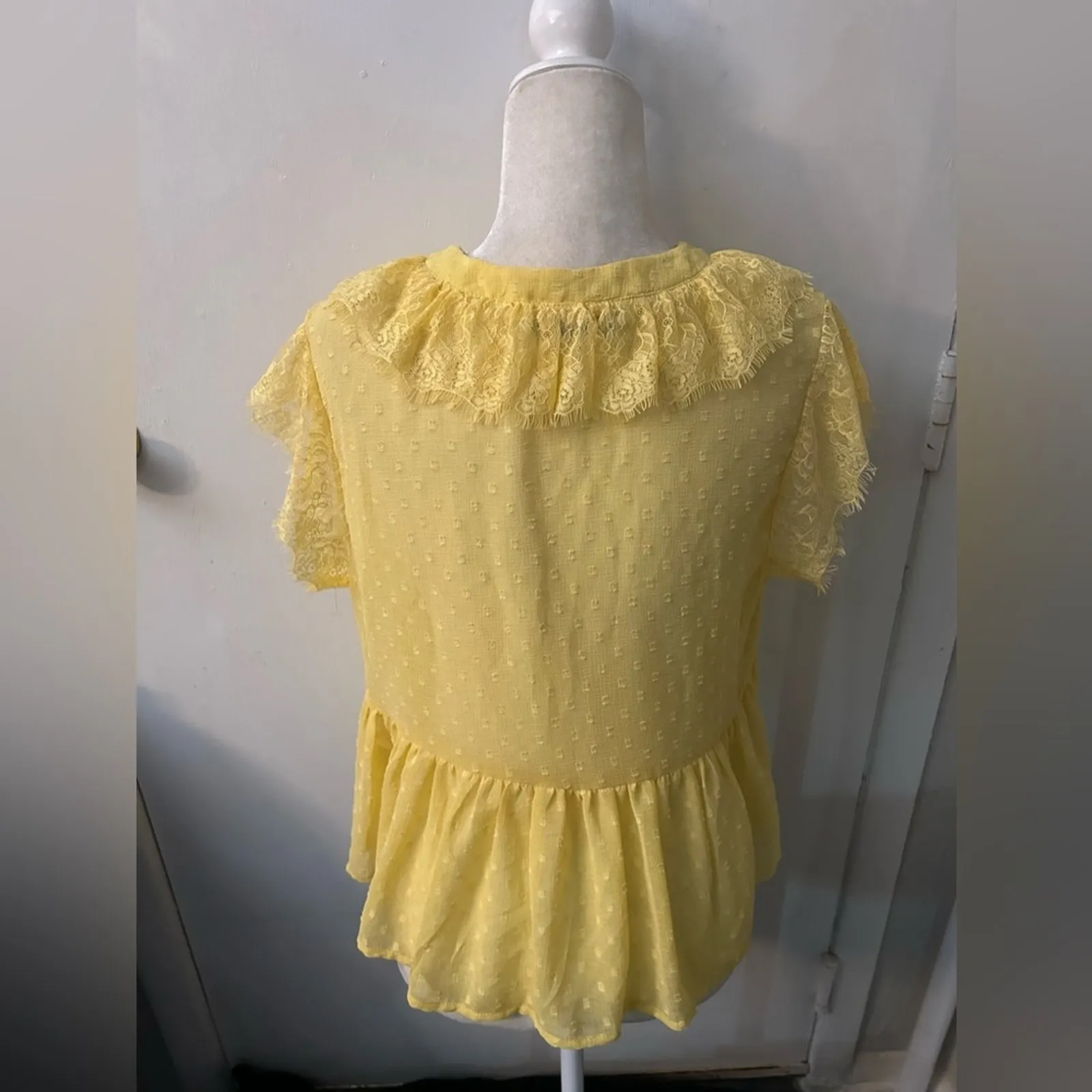 Zara Yellow Polka Dot Ruffle Lace Short Sleeve Blouse S Dopamine Balletcore Twee - Image 5