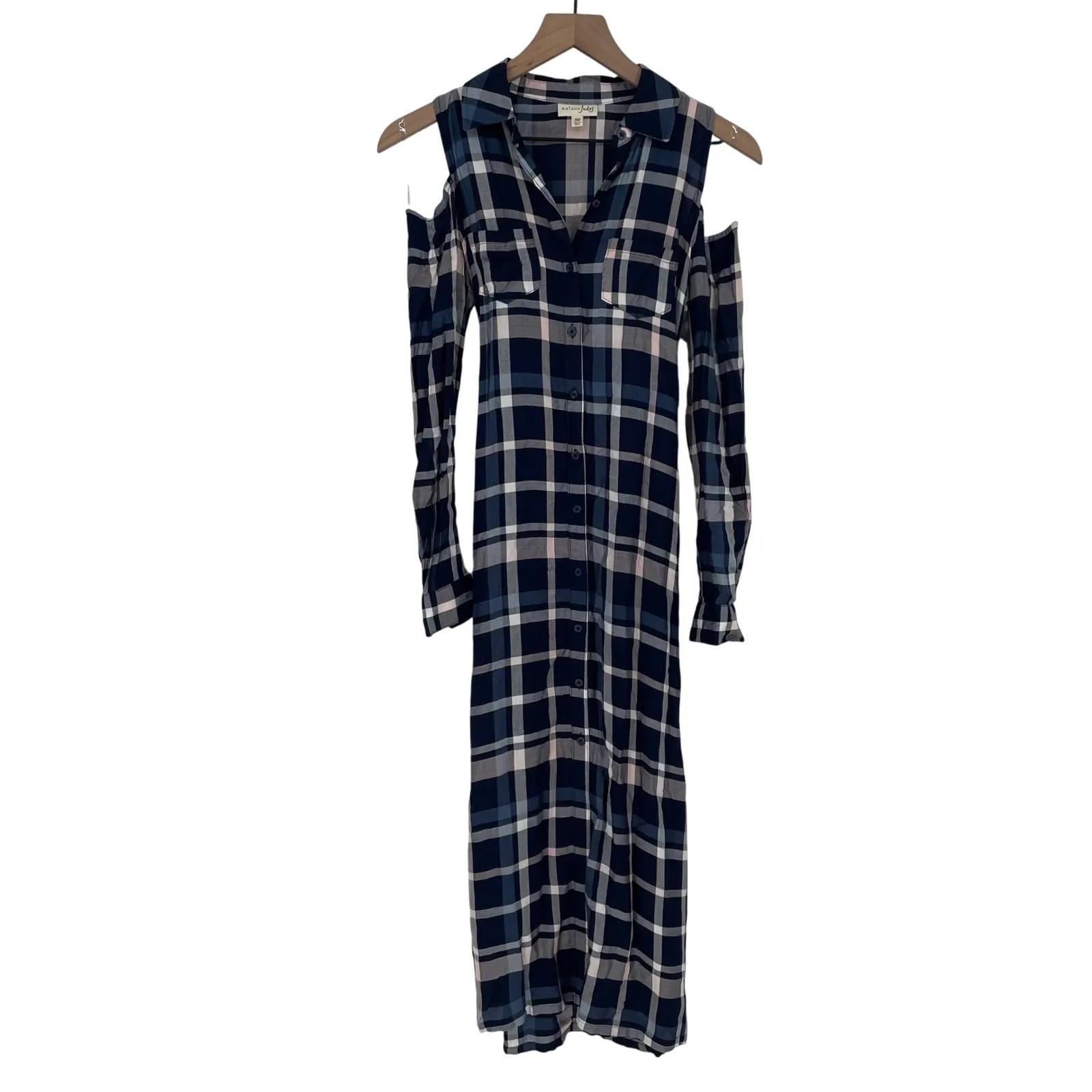 Maison Jules Plaid Cold Shoulder Maxi Shirt Dress Navy Pink Blue XS Tie Waist - Image 2