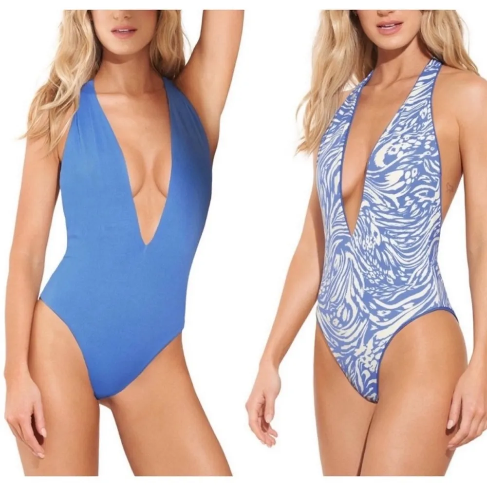 Maaji Blue Bell Tiky Plunge Neck Reversible Print One-Piece Swimsuit Size Medium - Image 2