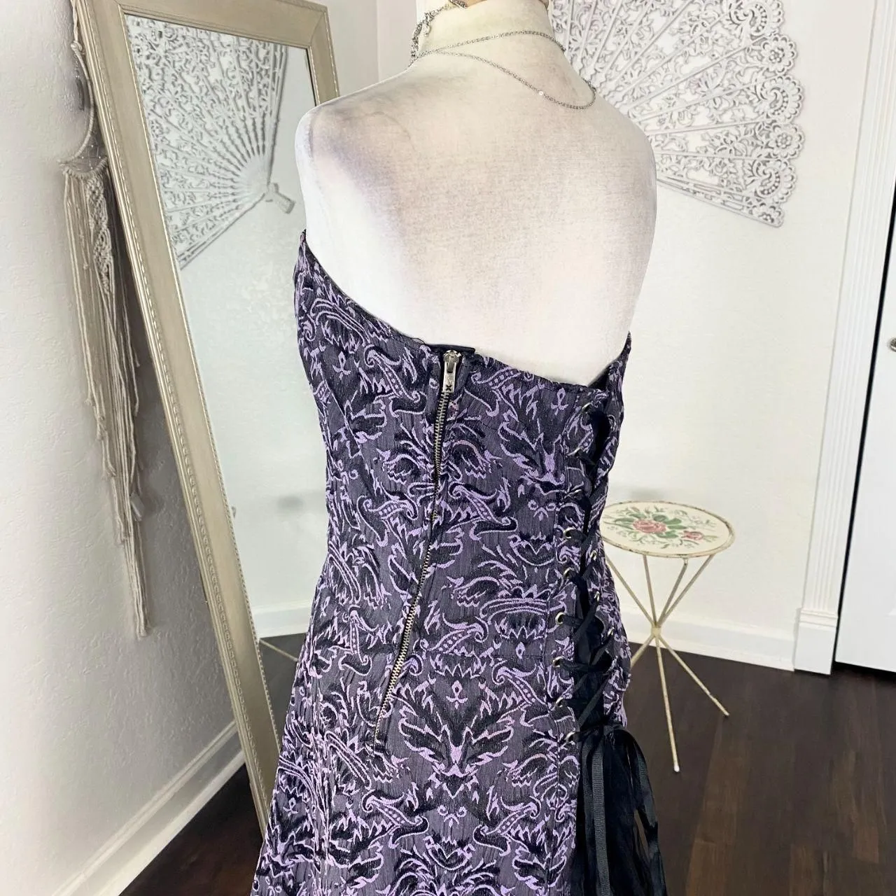 Rare Vintage 2000's Tripp NYC Purple Black Jacquard Corset Mini Tulle Dress XL - Image 5