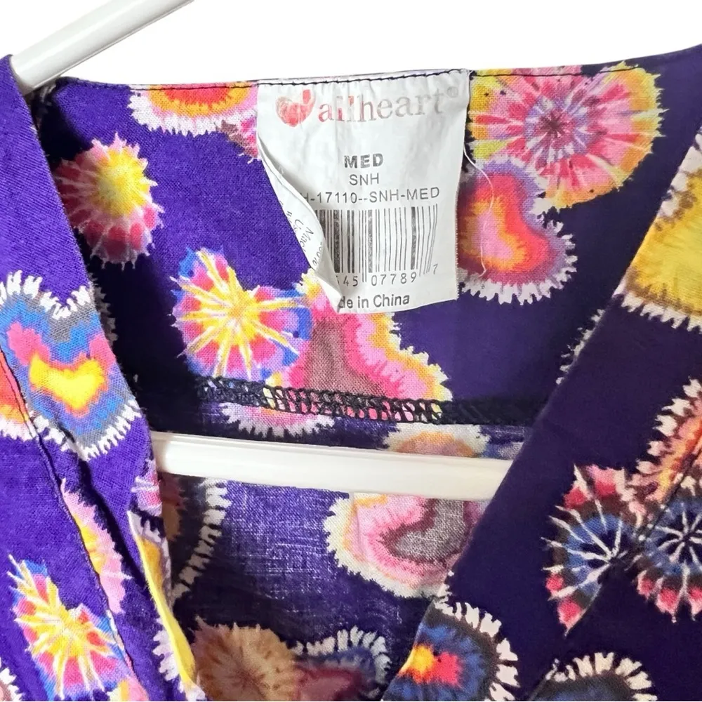 All Heart Colorful Tie Fye Print Heart and Flower Print Scrub Top Sz M Purple Size M - Image 4