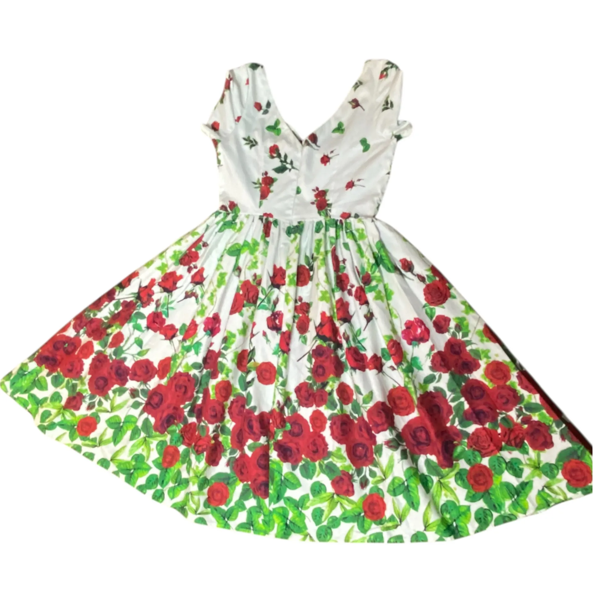 Unique Vintage Red Rose Floral Print Retro Pin Up Swing Dress Size M - Image 9