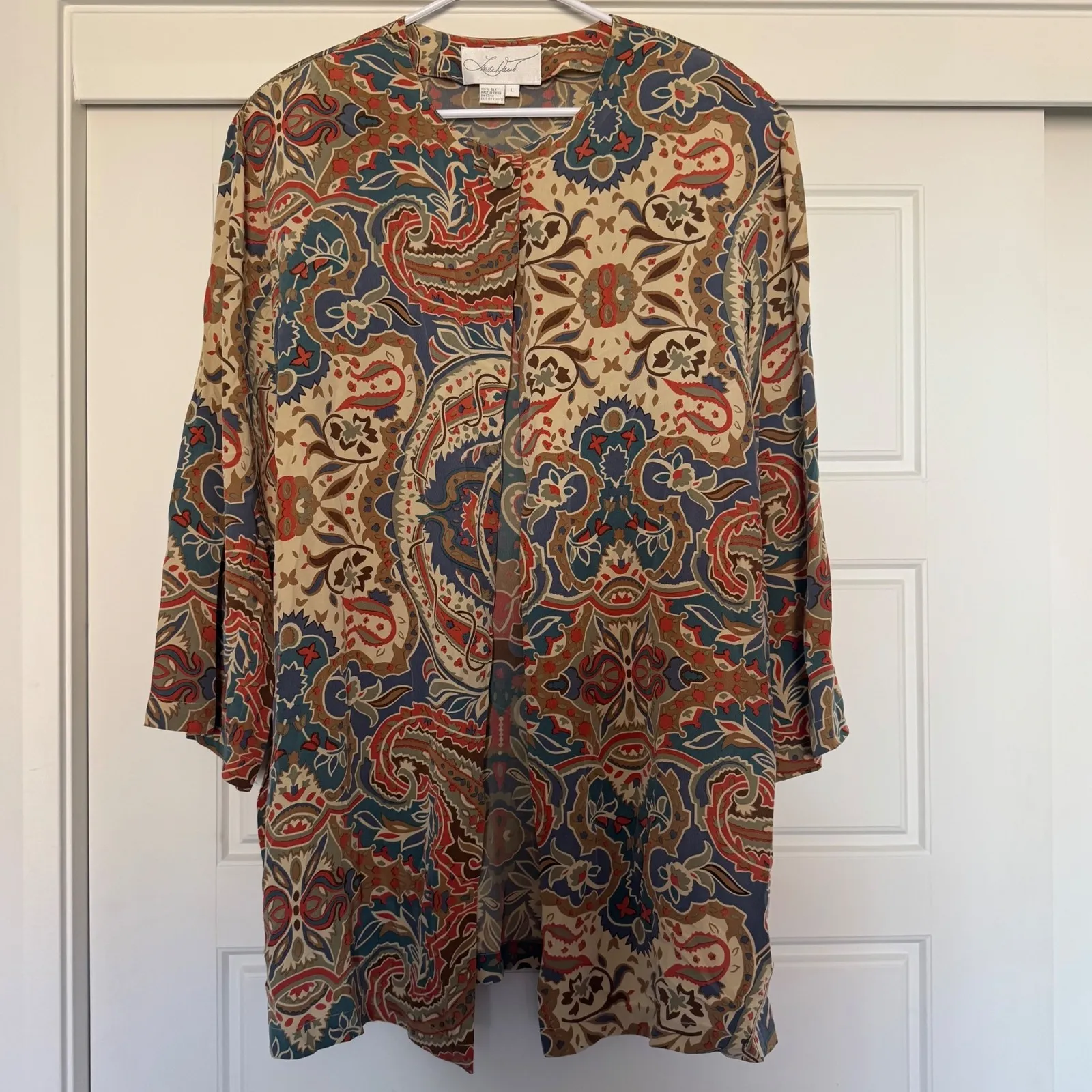70s Vintage Linda Davis 100% Silk sz L Womens Long Paisley Crop Sleeve Blouse Blue Size L - Image 2