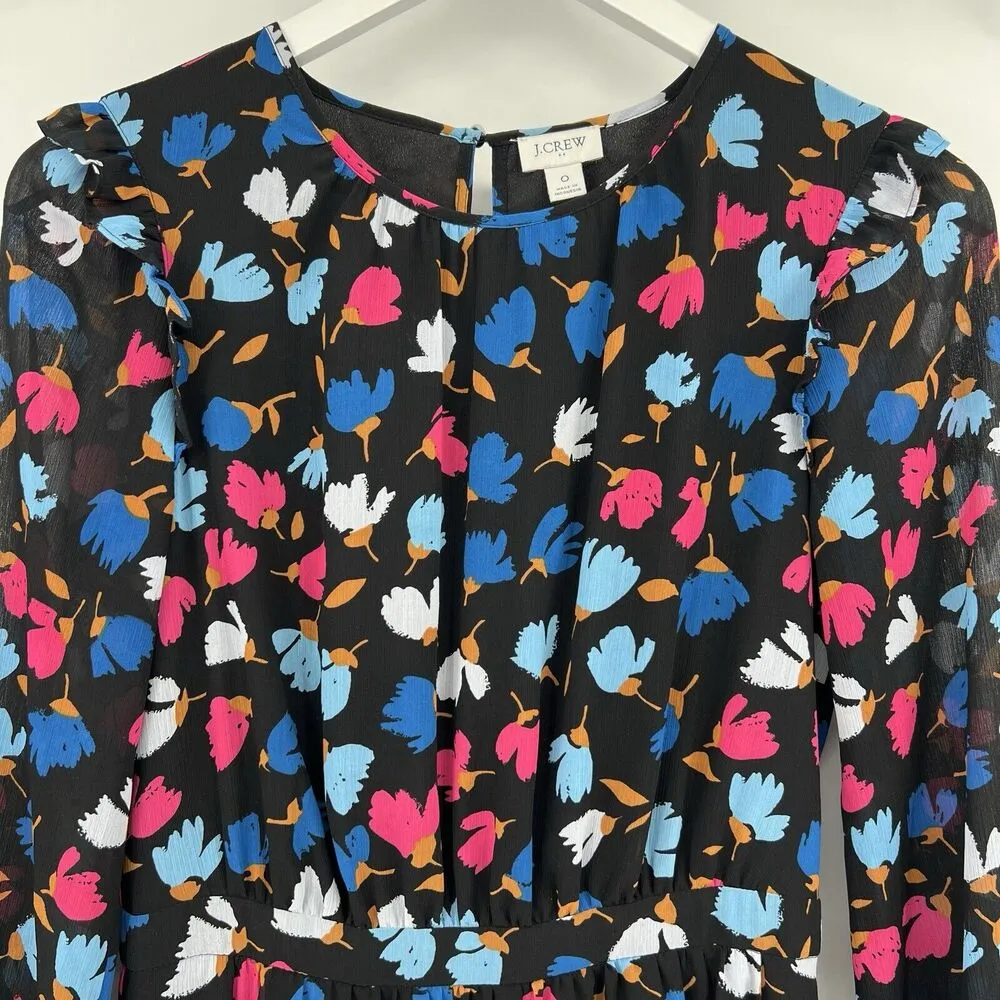 J. Crew‎ Crinkle Ruffle Tiered Midi Dress Black Floral Print 3/4 Sleeves Size 0 - Image 3