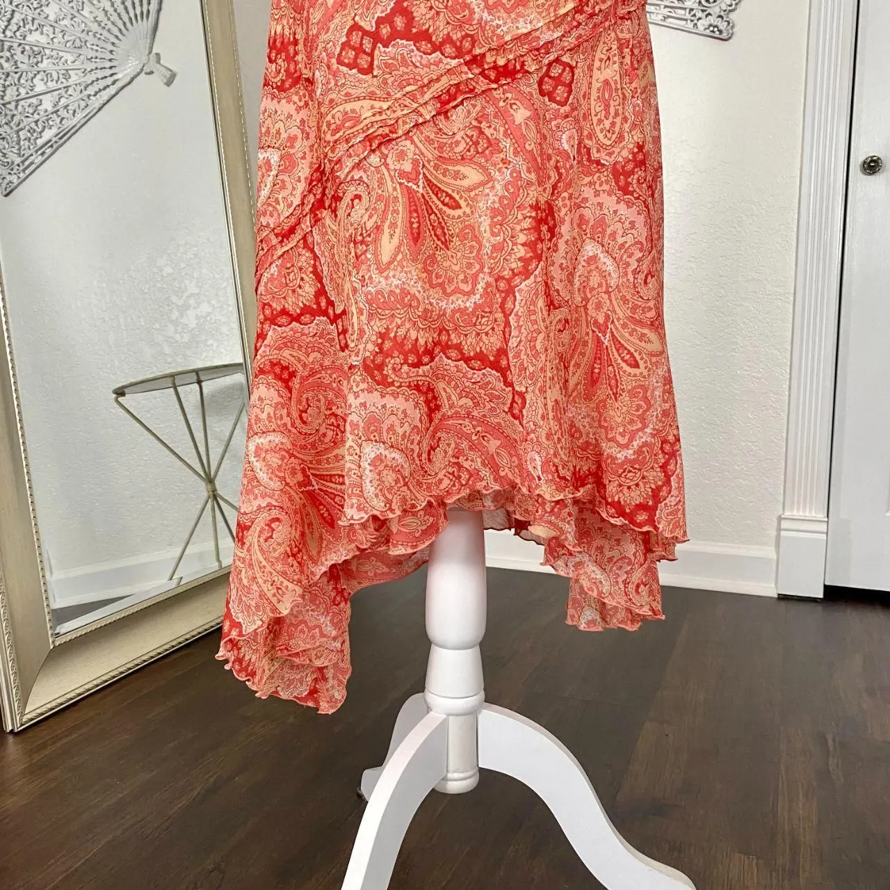 Early 2000's Frilly Ruffle Orange Pink Paisley Mesh Asymmetric Midi Skirt 16W XL - Image 3
